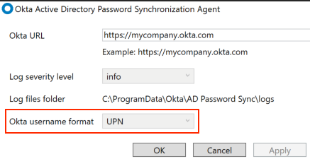 Image - Okta AD Password Sync Agent username format selection highlighted