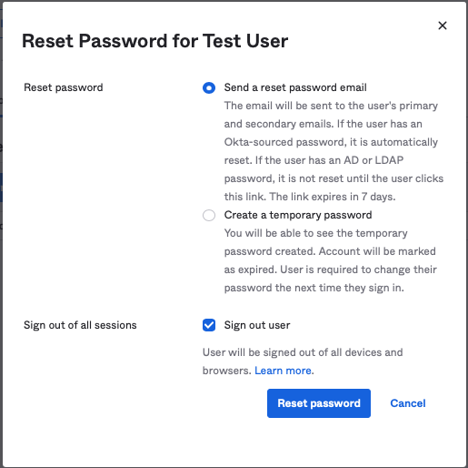 Reset Password for User
