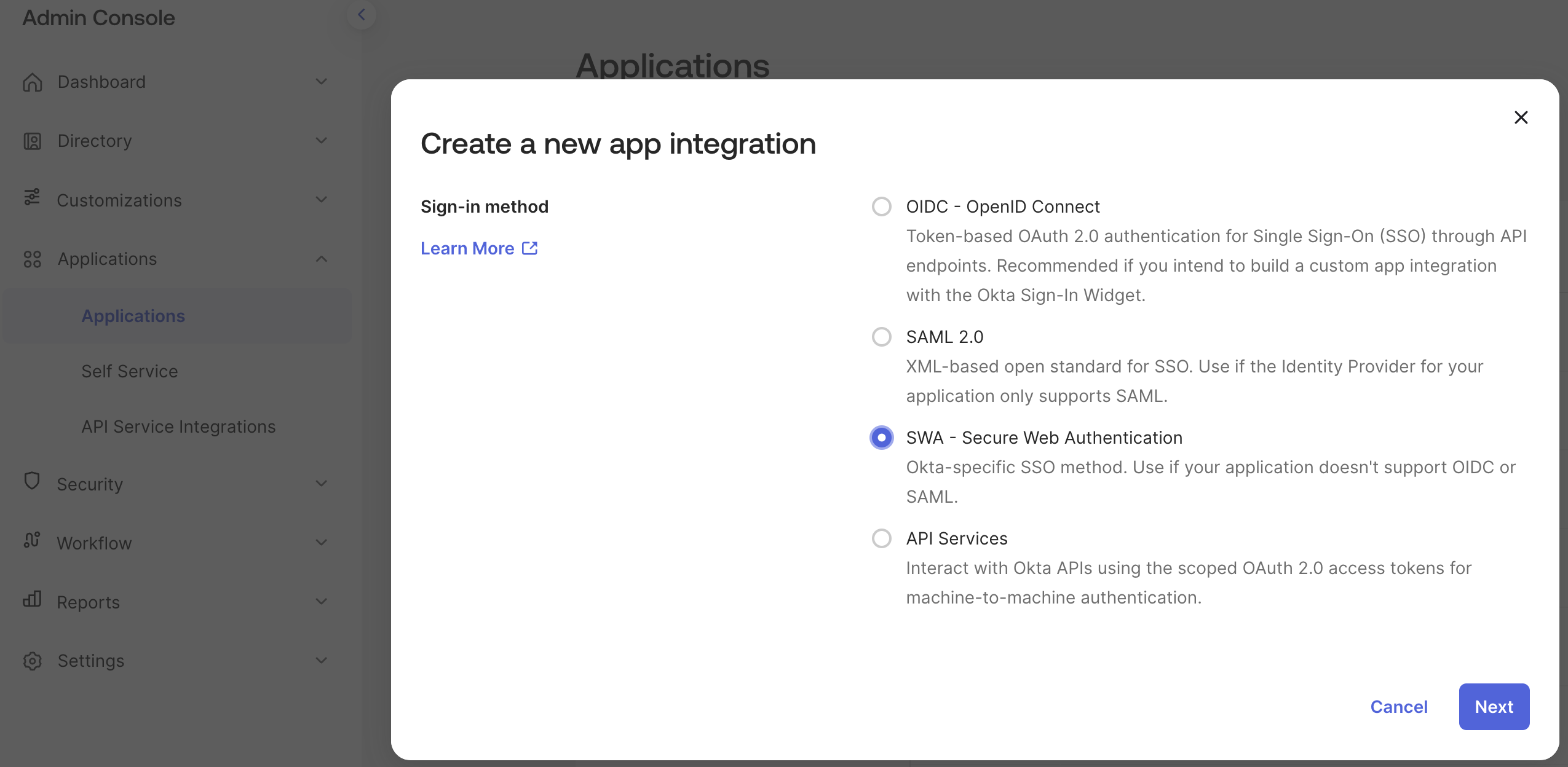 Create a new app integration