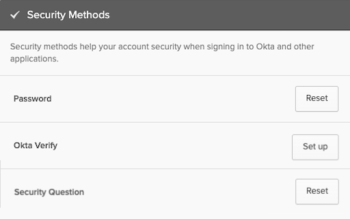 Image - Set up and reset Security Methods on the Okta Dashboard