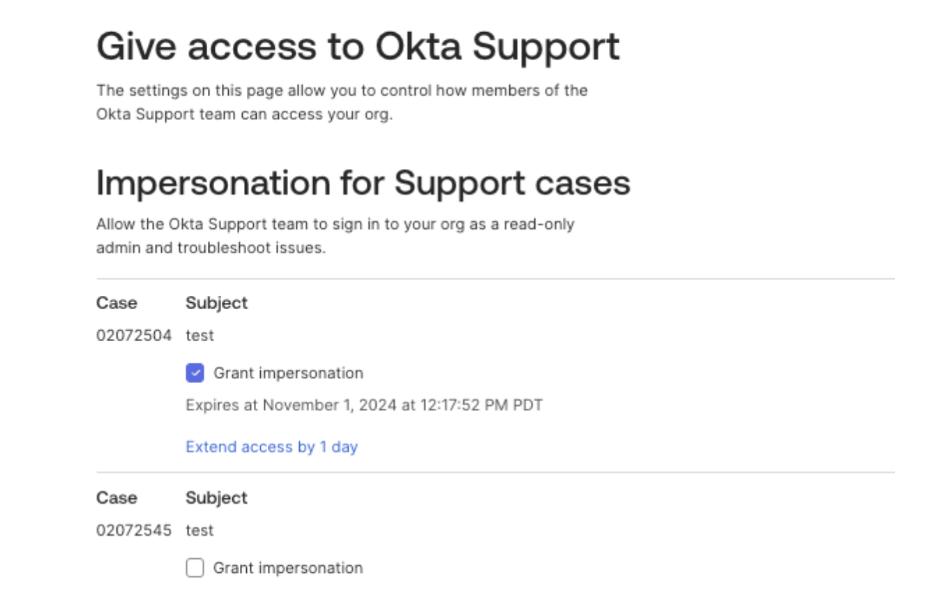 Impersonation for Support Cases section under Give access to Okta Support