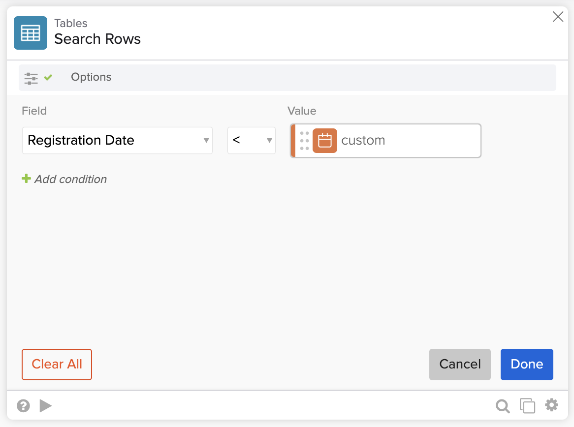 Example of search table condition
