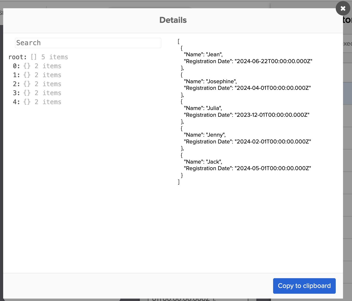 Example of search table result