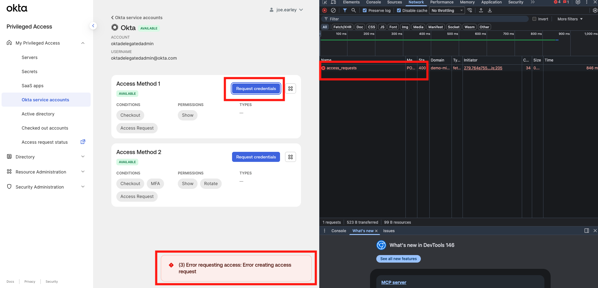 Error requesting access: Error creating access request