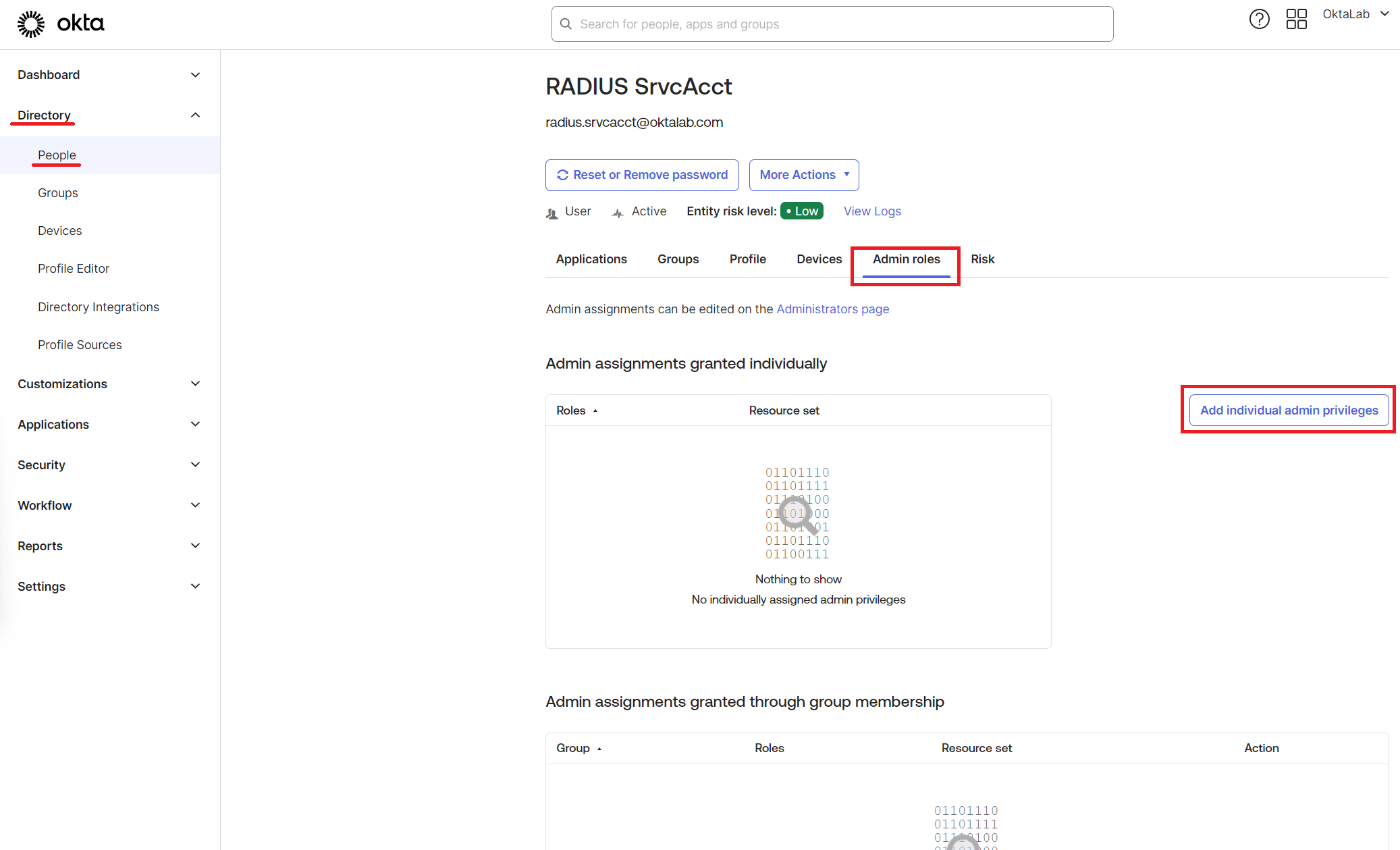 "Add individual admin privileges" button