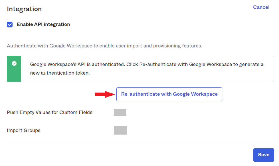 Re-authenticate with Google Workspace button