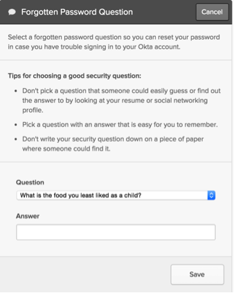パスワードを忘れた場合の秘密の質問