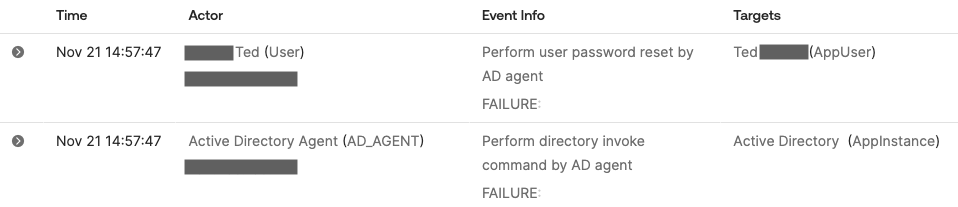 System Log event for failed AD password change initiated by user