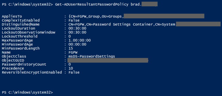 Get-ADUserResultantPasswordPolicy shows assigned fine-grained password policy