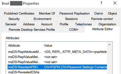 AD Users and Computers - user attribute msDS-ResultantPSO displays assigned fine-grained password policy