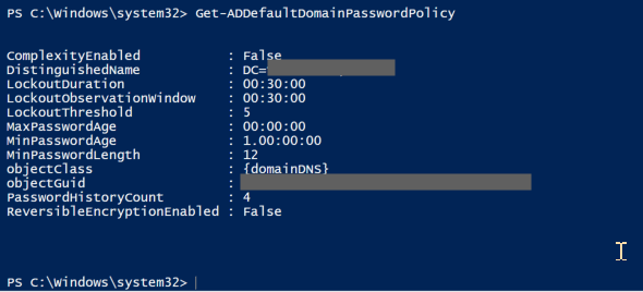 Get-ADDefaultDomainPasswordPolicy shows default domain password policy details