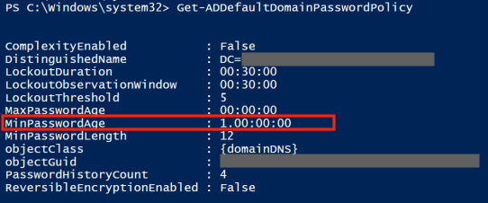 Get-ADDefaultDomainPasswordPolicy shows minimum password age 1 day