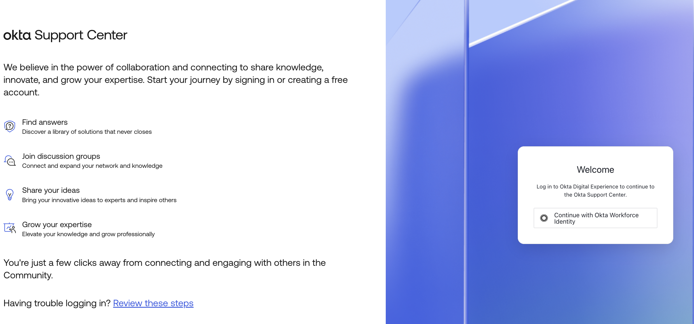 Okta Support Center Log in page