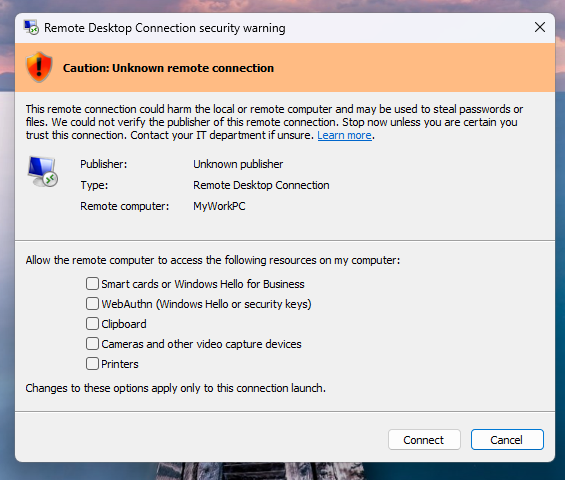 Caution: Unknown remote connection