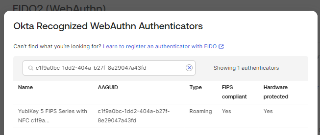 Okta recognized webauthn authenticators