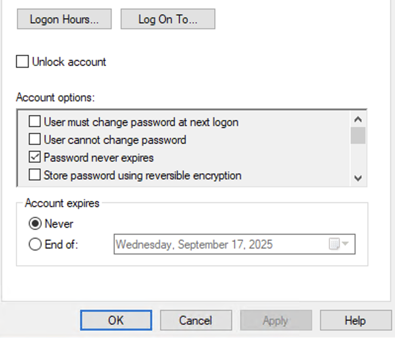 Active Directory account - password never expires, account never expires