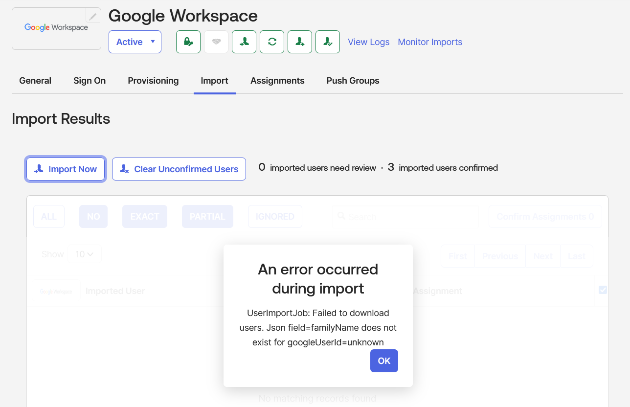 An error occurred during import