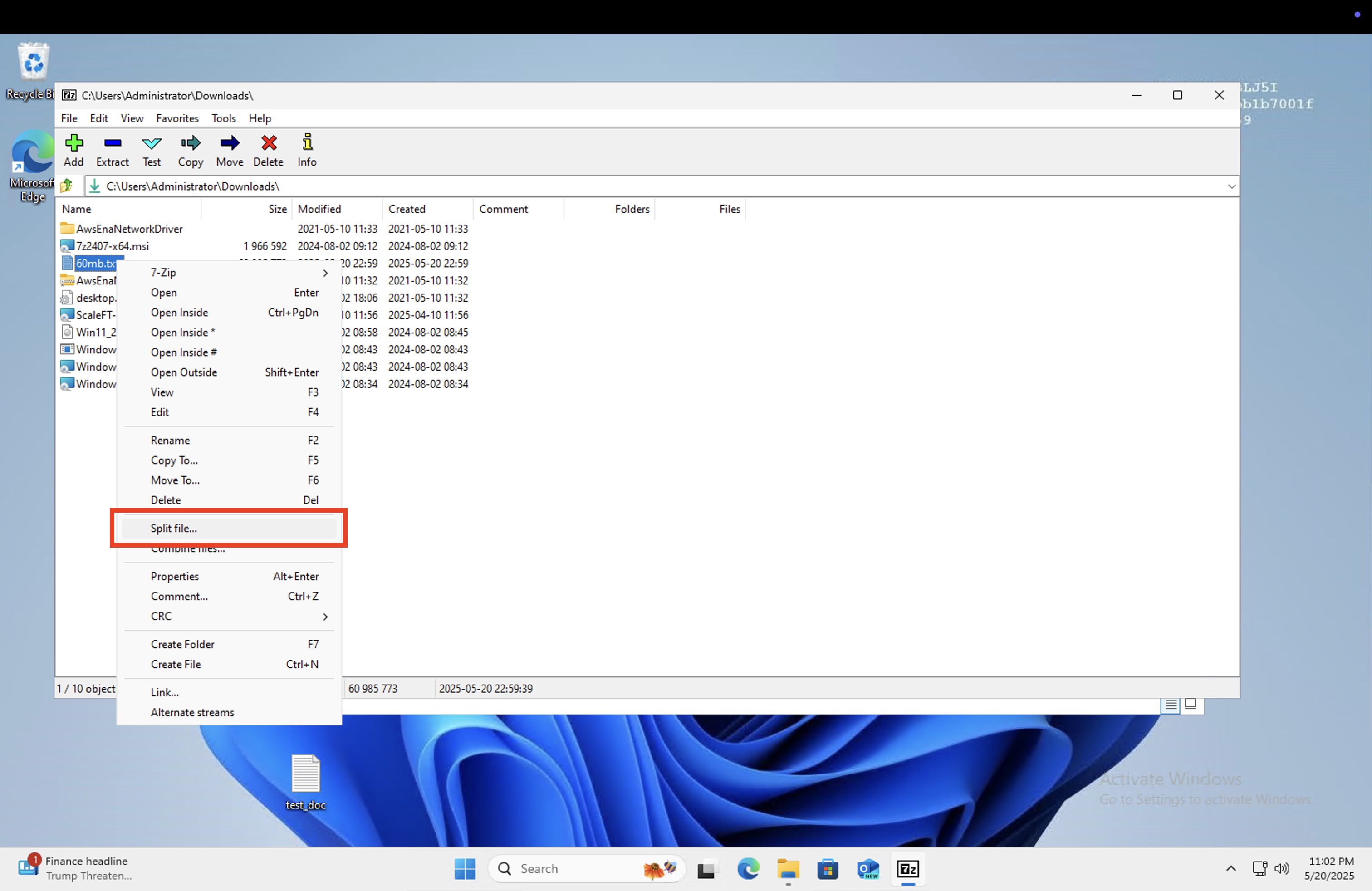 "Split file..." option