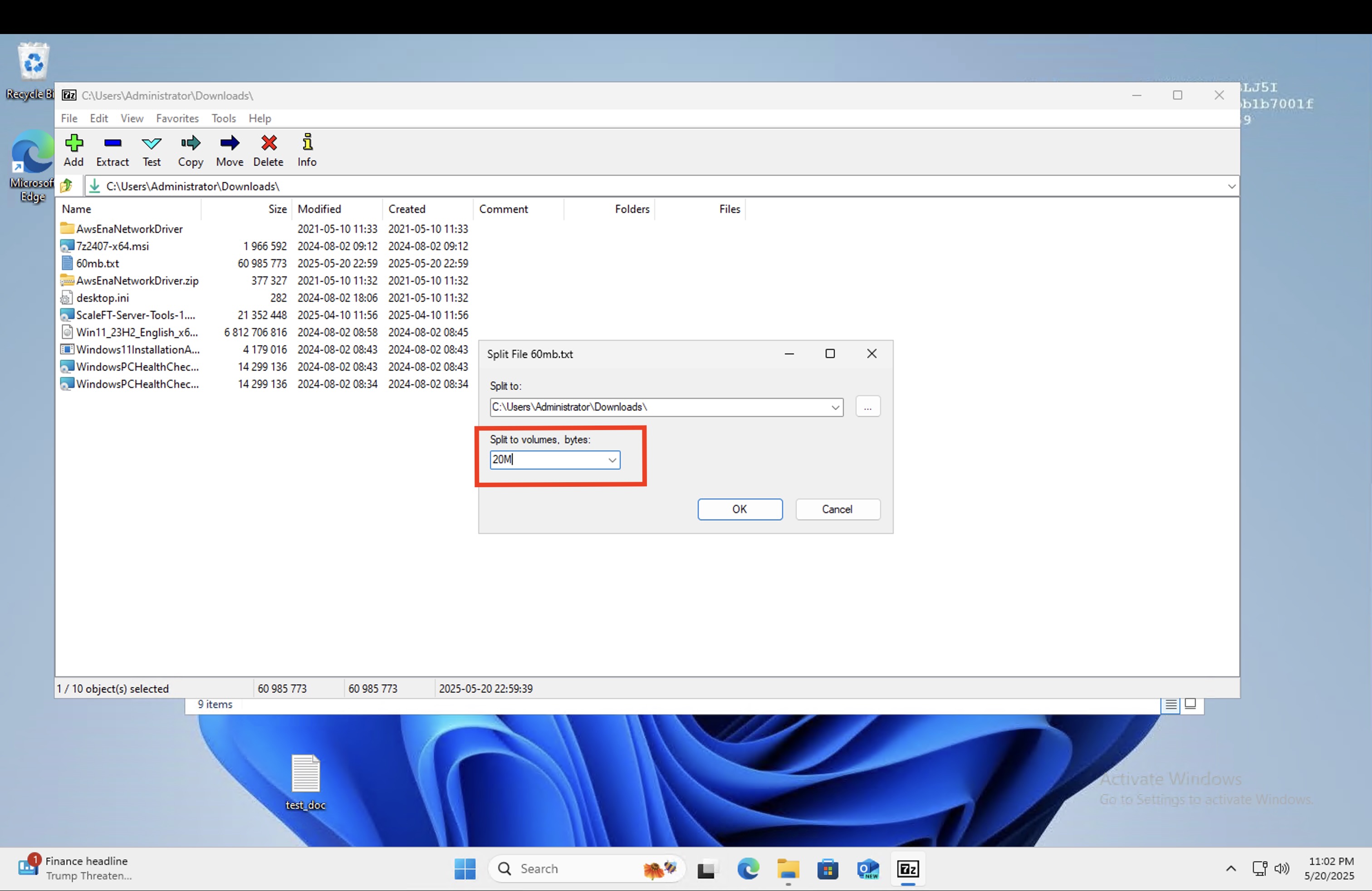 Split file size