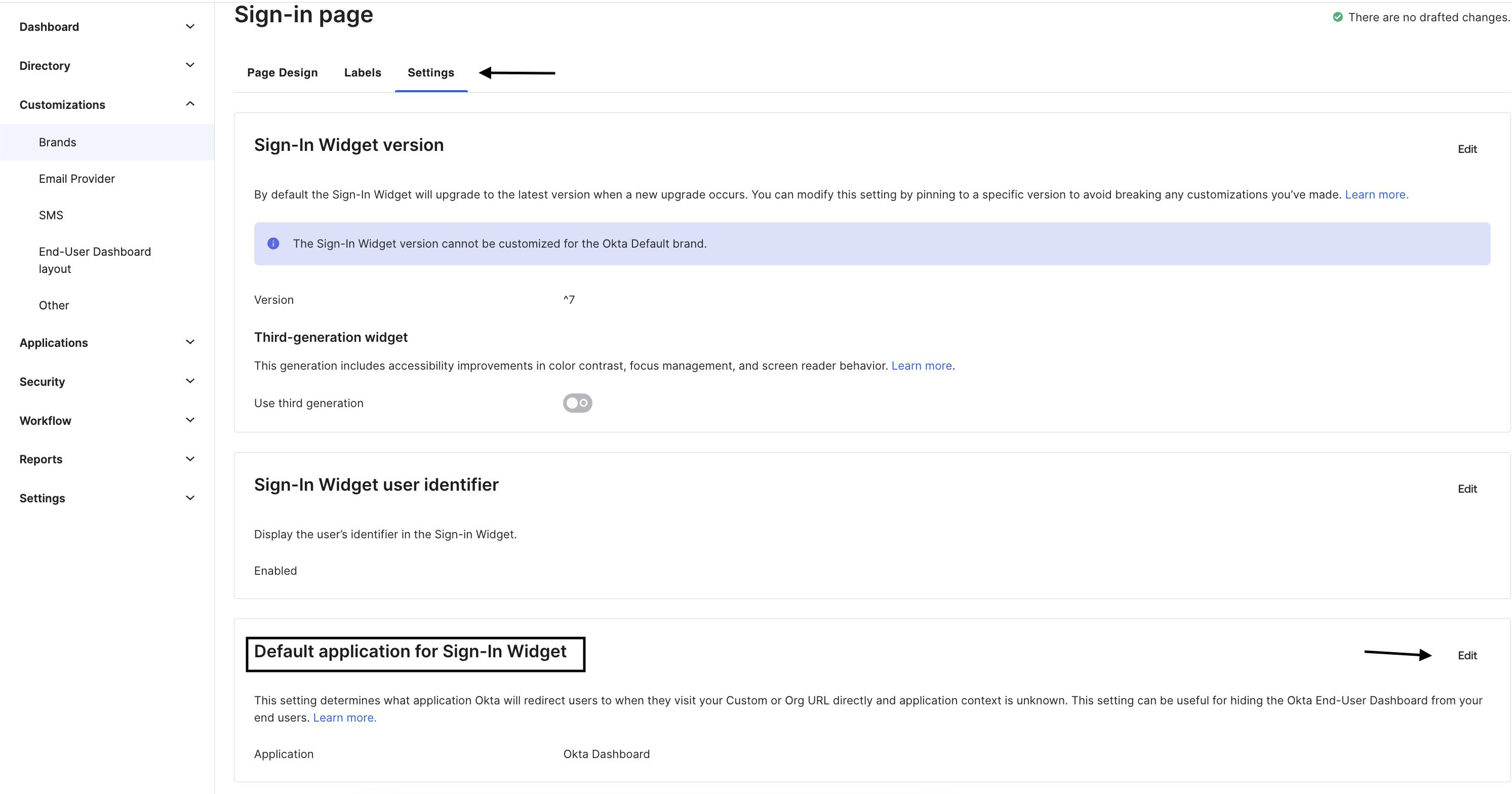 "Default Application for Sign-In Widget"&nbsp;section