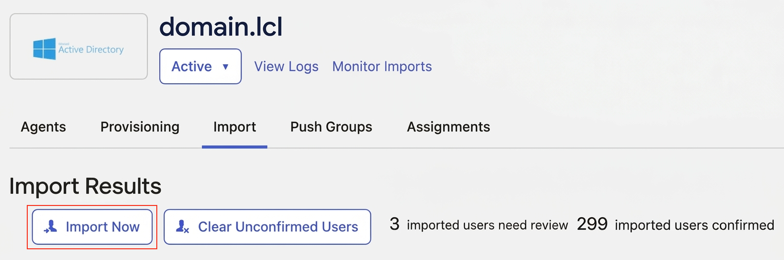Active Directory import tab, import hightlighted