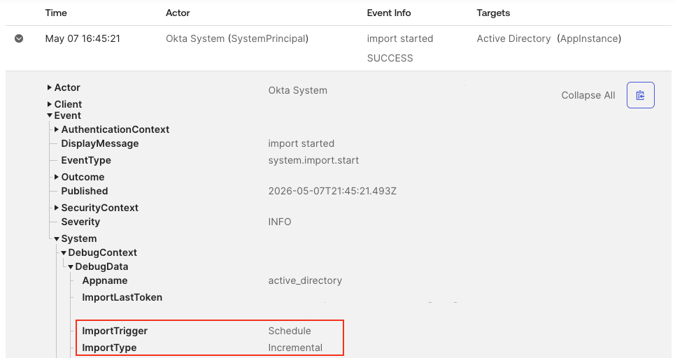 System Log - Active Directory import event details