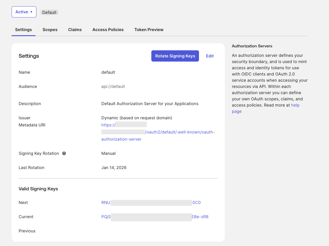 Authorization Server Settings when Signing Key Rotation is set to Manual
