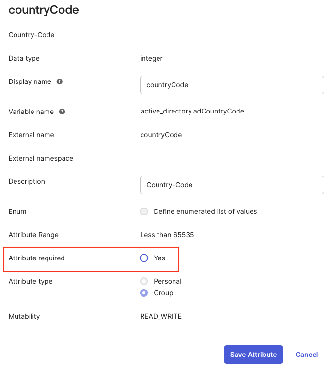 Okta Profile Editor, Active Directory profile, countryCode attribute with required attribute highlighted