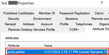 AD Users and Computers user pwdLastSet attribute value