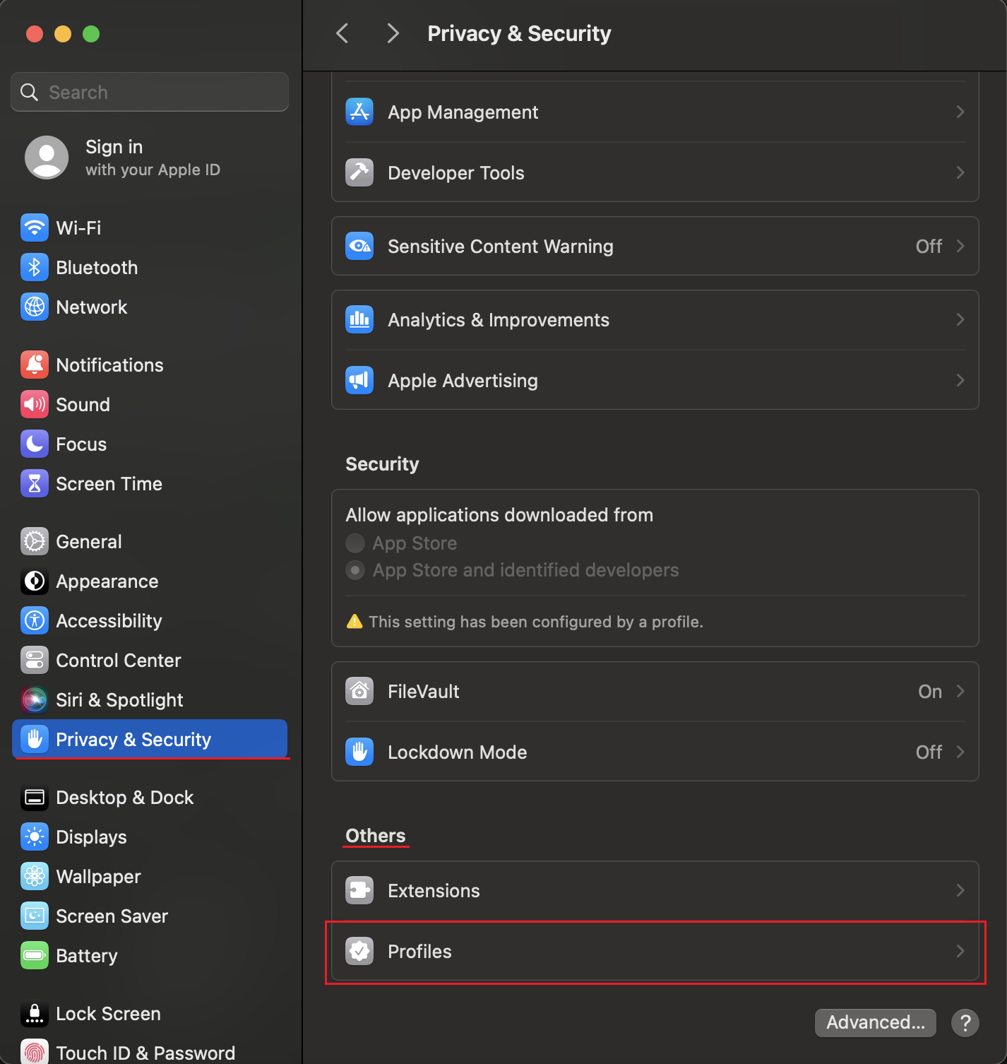 Privacy and Security menu