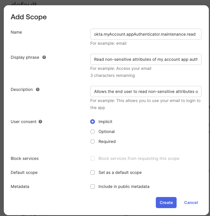 Add okta.myAccount.appAuthenticator.maintenance.read scope