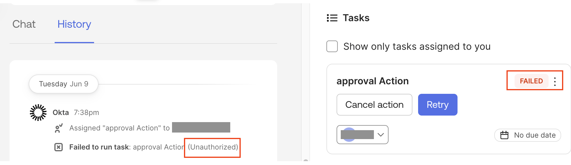 Failed to run task: approval Action (Unauthorized)