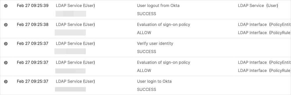 Okta System Log entries for a successful LDAP Interface search