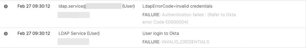 Okta System Log entry for a failed LDAP Interface search due to invalid credentials