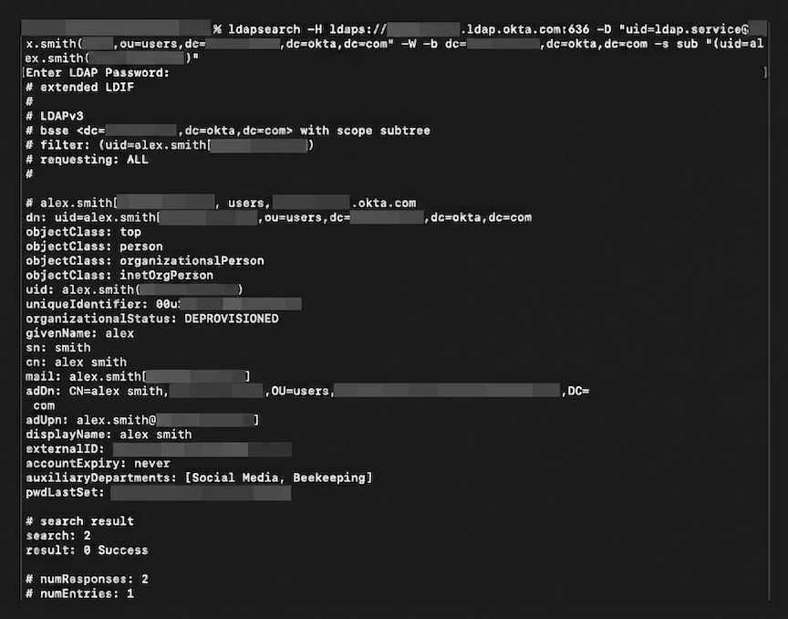 successful Okta LDAP Interface search performed in Terminal