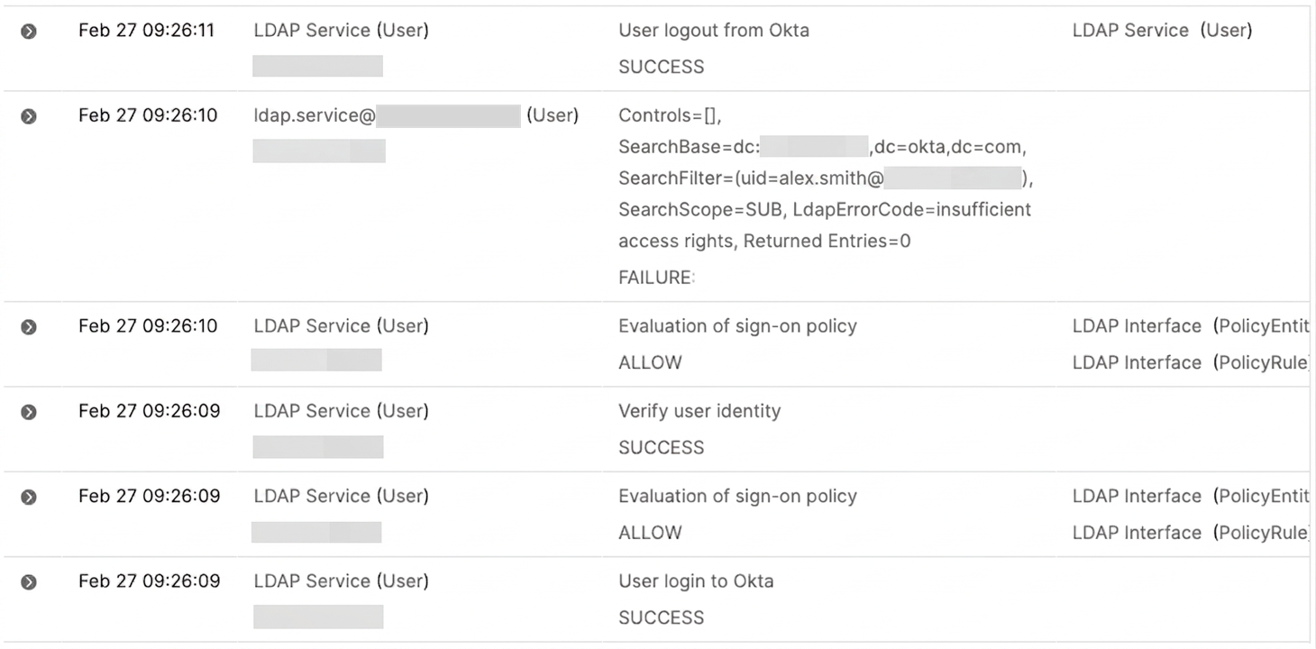 Okta System Log entry for a failed LDAP Interface search due to insufficient access