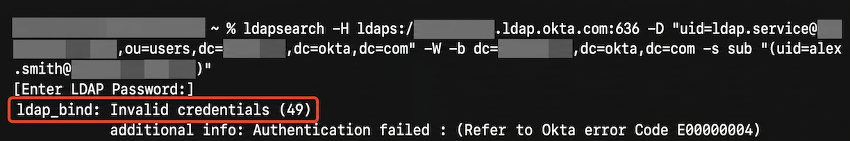 failed Okta LDAP Interface search due to invalid credentials