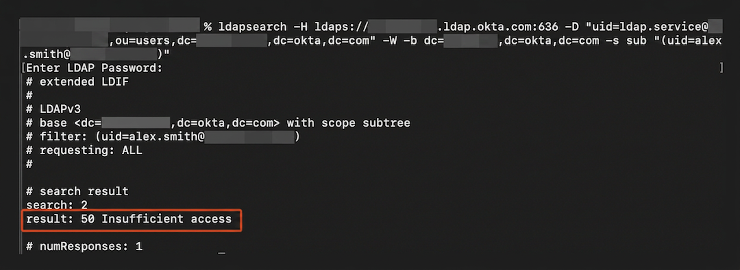 failed Okta LDAP Interface search due to insufficient access