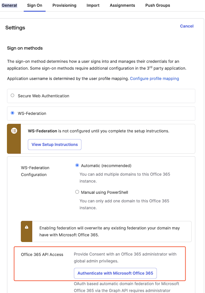 Okta Support - Microsoft Graphをサポートするための自動構成による