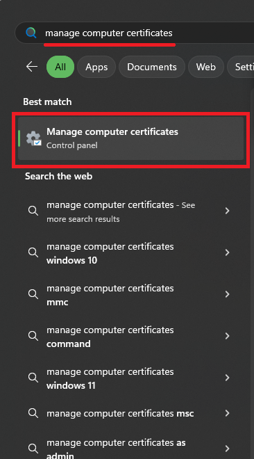 "Manage Computer Certificates" search