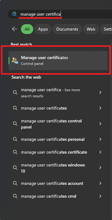 "Manage User Certificates" search