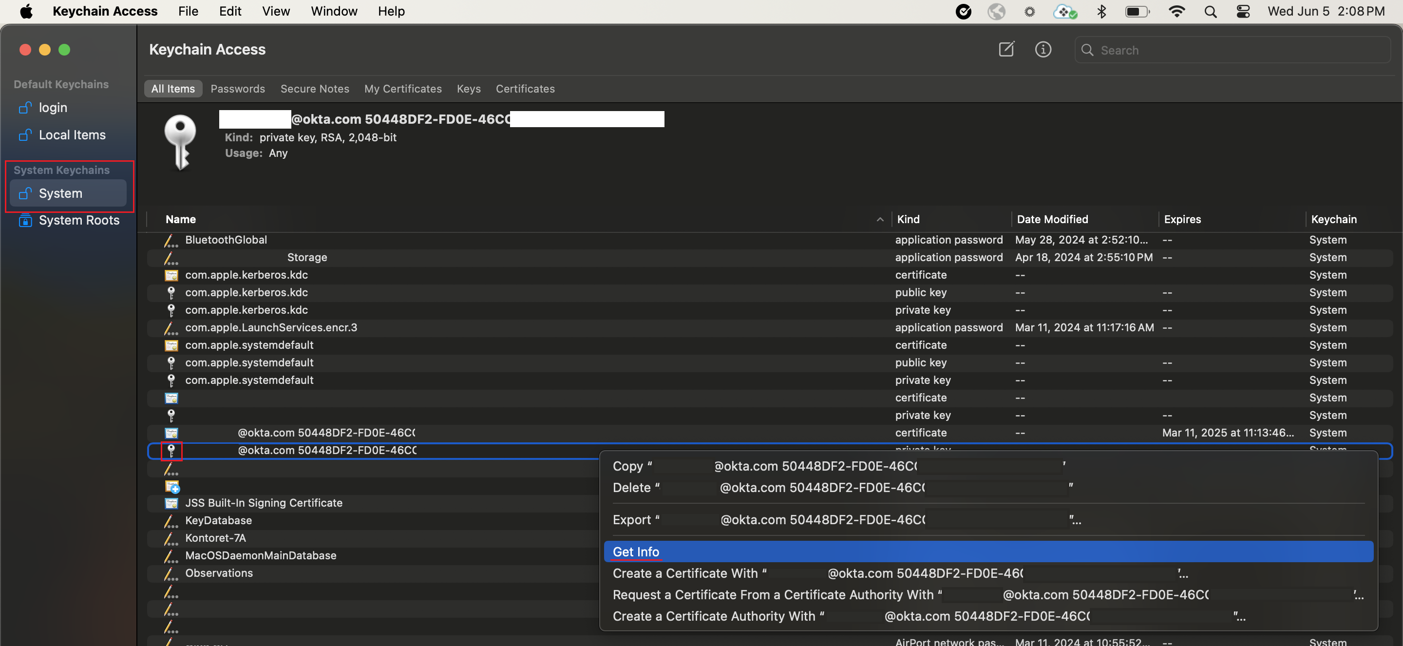 client certificate and associated private key