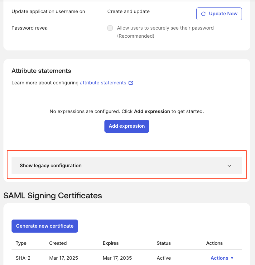OIE legacy attribute section for SAML application