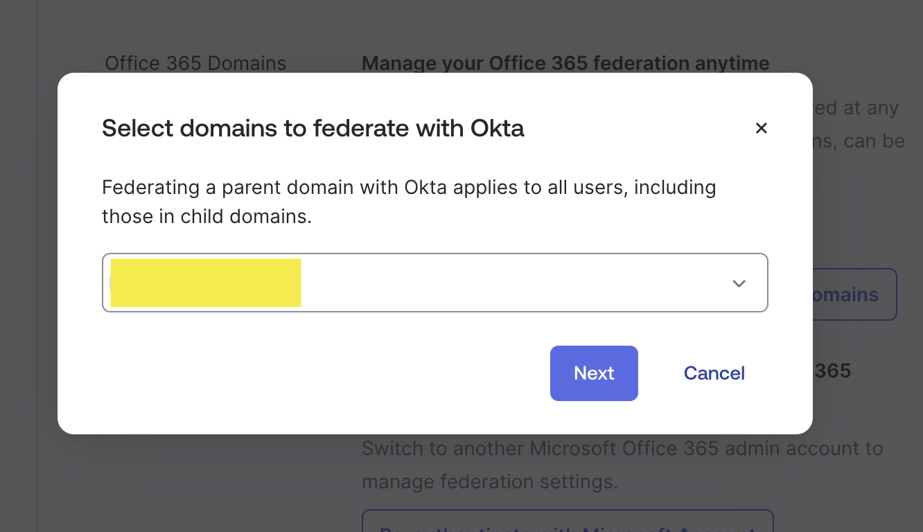 Select domains to federate with okta