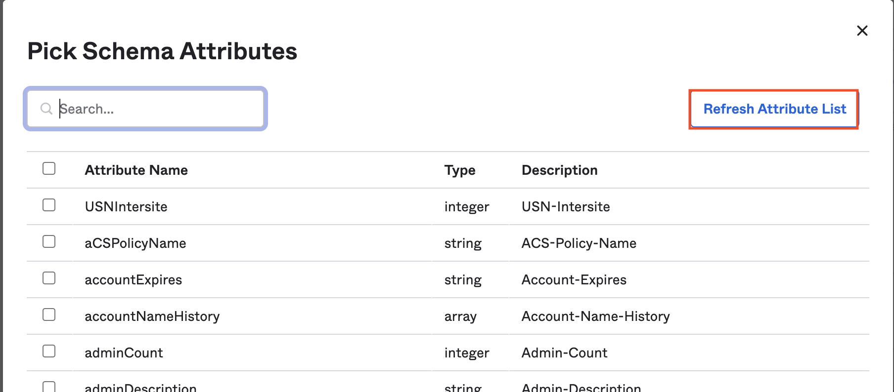 "Refresh Attribute List" button