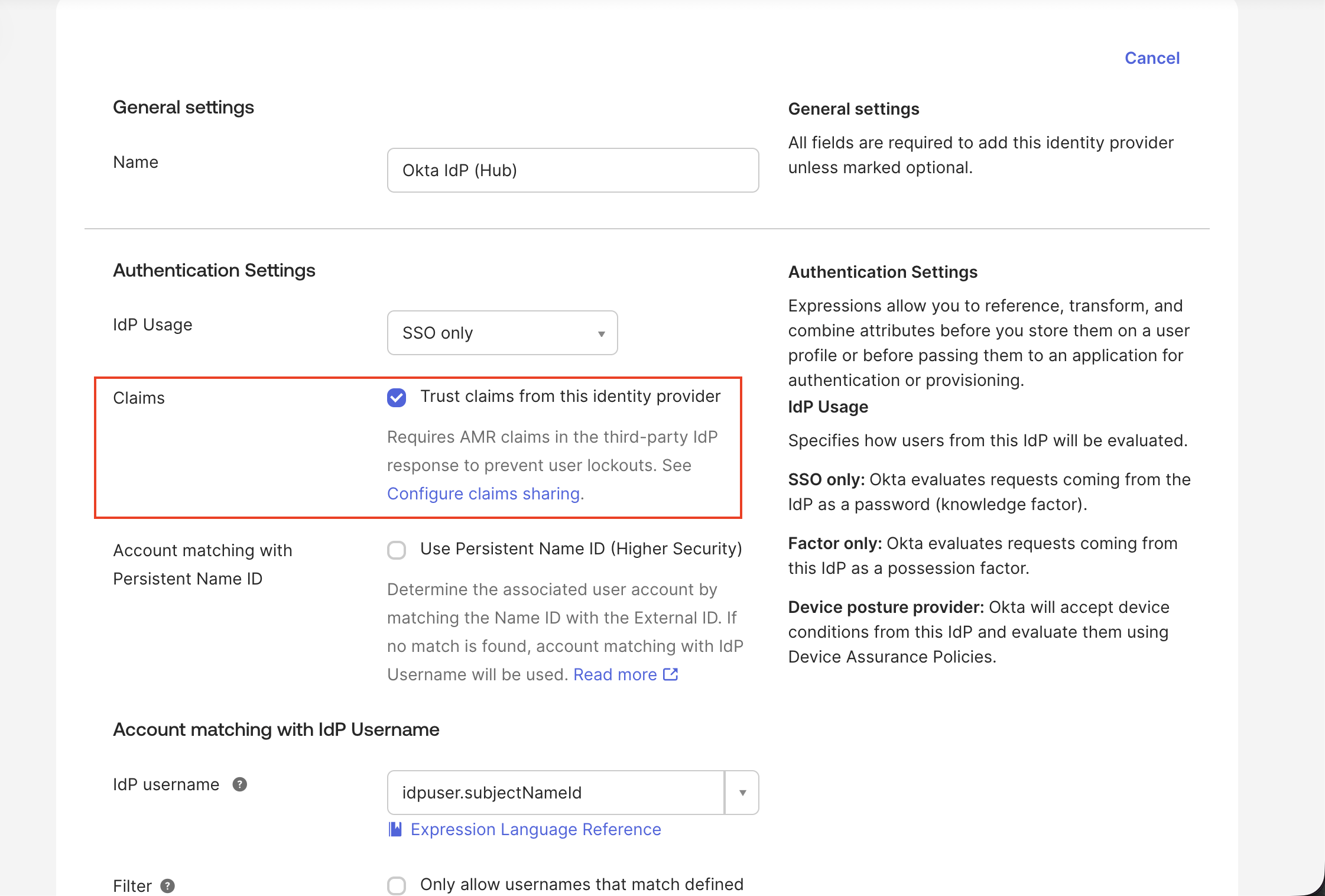 Okta IdP trust claims checkbox