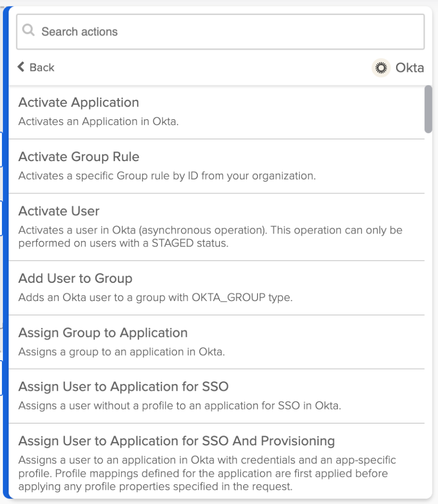 Okta connection actions (API endpoints)