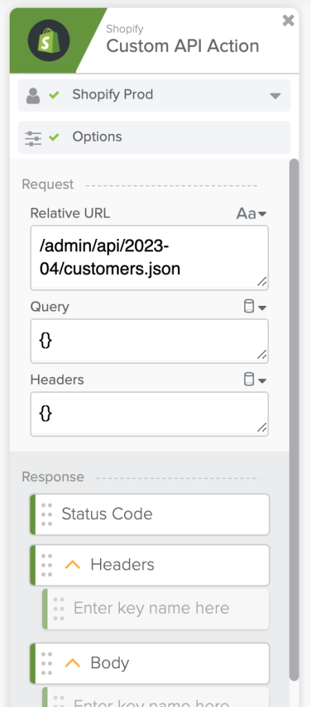 Shopify Custom API Action card
