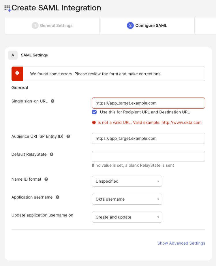 Is not a valid URL. Valid example http://www.okta.com