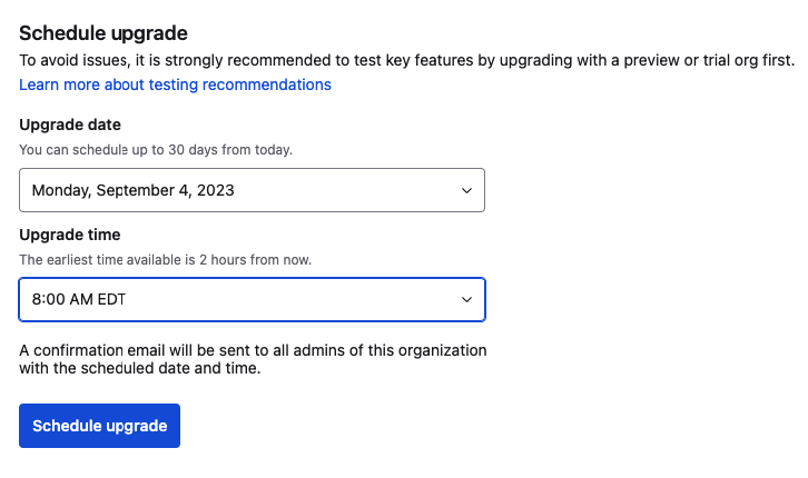 Schedule upgrade button
